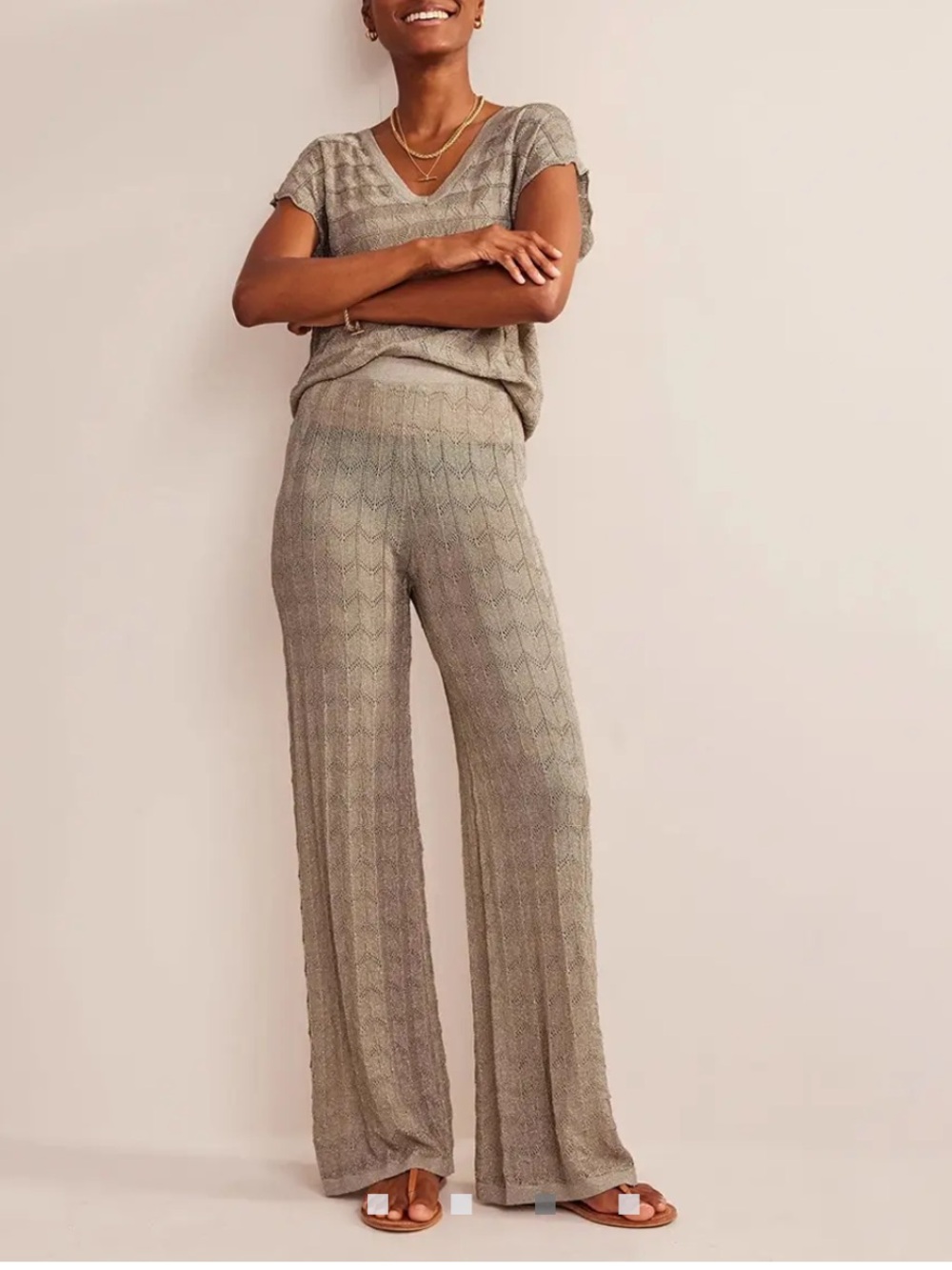 Boden Stone Wide‑Leg Knitted Trousers – Light Taupe
